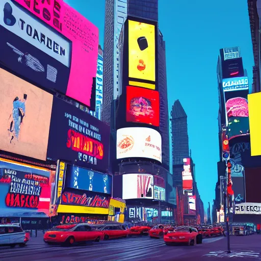Image similar to times square in the style of simon stalenhag