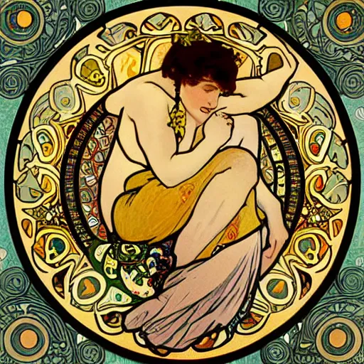 Prompt: a combination of the art styles of Alphonse Mucha and Gustav Klimt