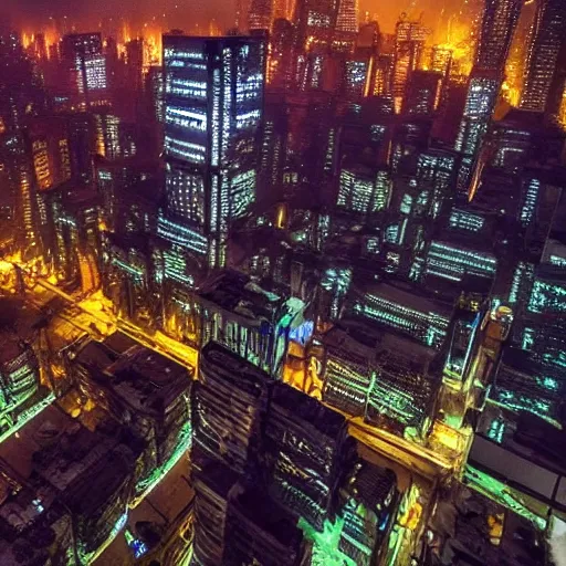 Prompt: aerial shot of the impressive dystopian cyberpunk city at night during amazing storm