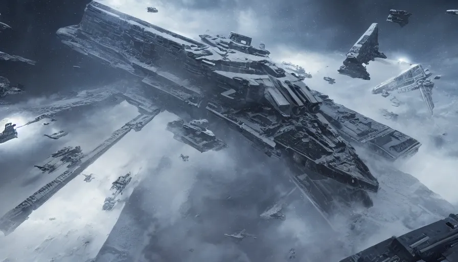 Prompt: Star Destroyer crashing on Hoth during a huge battle between the Resistance and the Galactic Empire, hyperdetailed, artstation, cgsociety, 8k