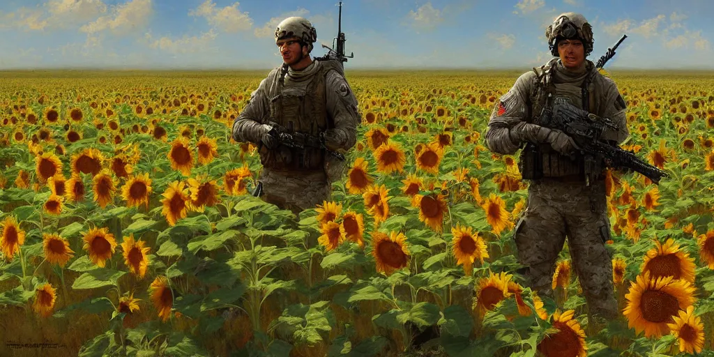 Prompt: Special forces soldier stands in a sunflower field by Daniel F. Gerhartz and Craig Mullins