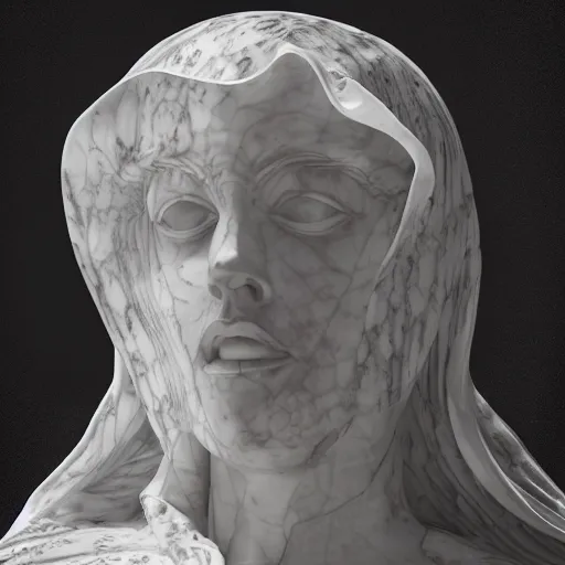 Image similar to a delicate renaissance evil marble sculpture covered with water veil, highly detailed transparent marble cloth, gi, global illumination, physically based rendering, photorealistic, top light, dark background