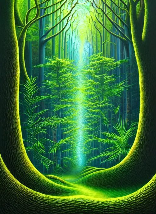 Image similar to lush forest, high detail, 4 k, surrealism style by john alex grey, artstation