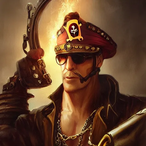Prompt: johnny bravo steampunk pirate captain, depth, painted by seb mckinnon, high detail, digital art, painted by greg rutkowski, trending on artstation