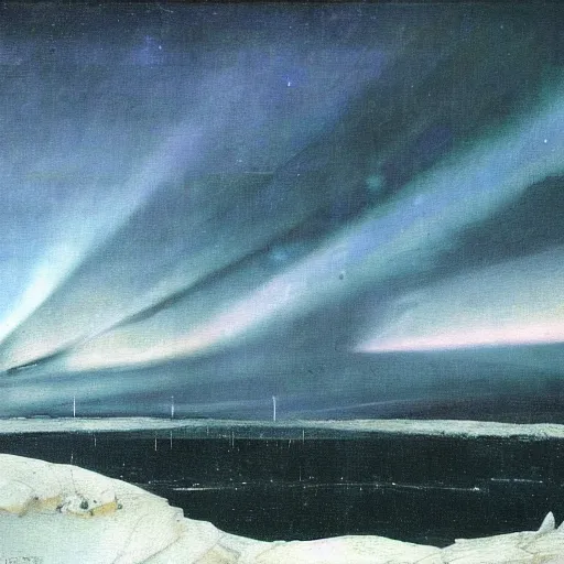 Image similar to the epic abstract painting'blue arctic void with black and red aurora borealis above a tiny inuit village ', by caspar david friedrich!!!, by rothko!!!, stunning masterpiece, trending on artstation