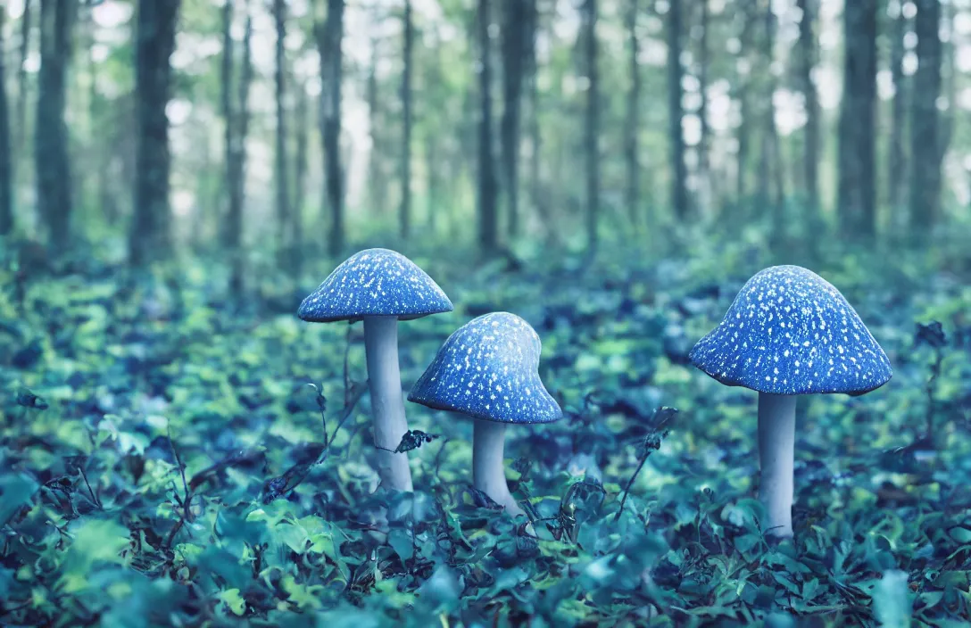 Image similar to blue forest, glowing mushrooms, sigma lens, strong bokeh, photography, highly detailed, 8 5 mm, f / 1. 3, night time, surreal