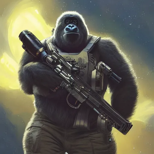 Image similar to detailed science - fiction character portrait of a silverback gorilla shooting a alien gun in space, intricate, wild, highly detailed, digital painting, artstation, concept art, smooth, sharp focus, illustration, art by artgerm and greg rutkowski and alphonse mucha