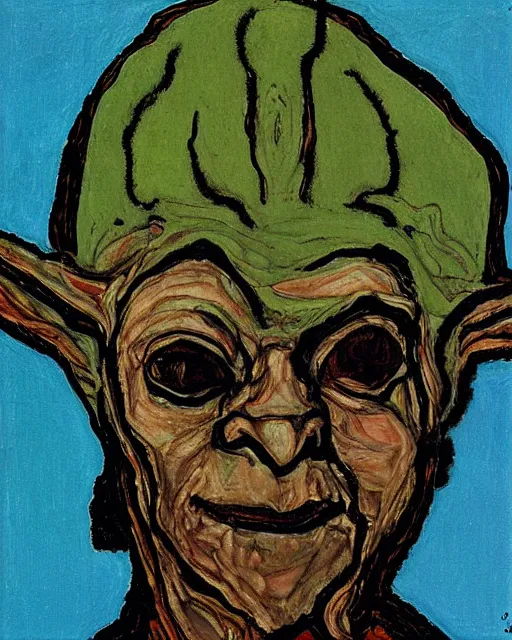 Image similar to portrait of yoda by egon schiele