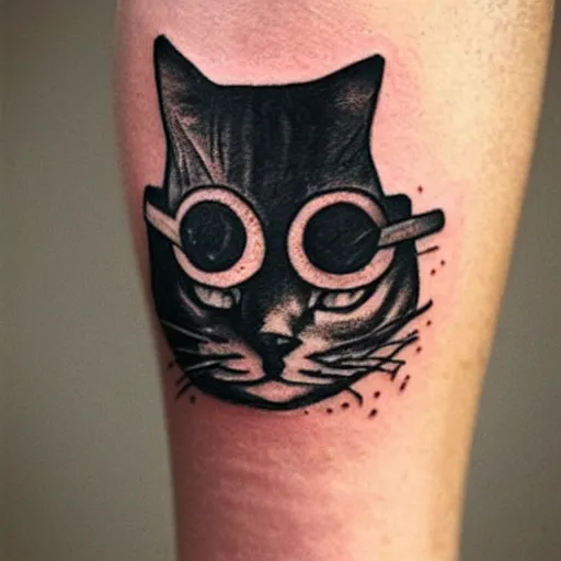 Prompt: stick and poke tattoo of a cat with 4 eyes, black and white tattoo, linework