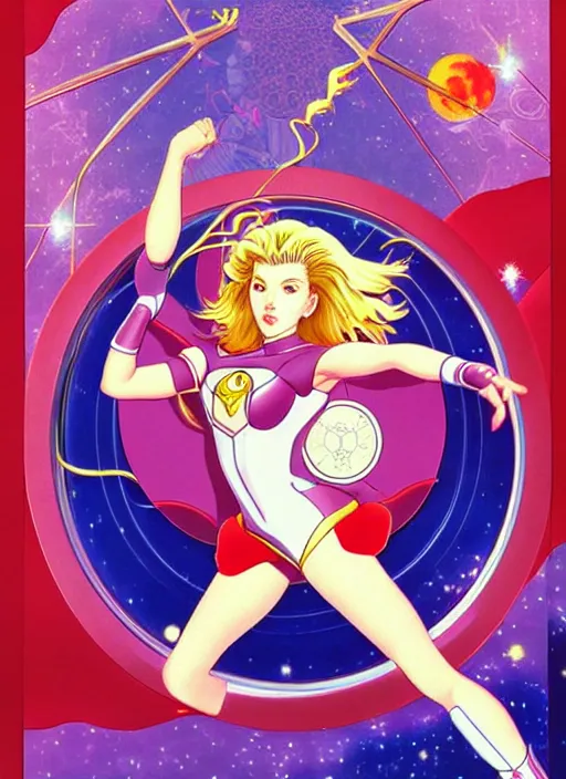 Image similar to perfectly centred realistic picture of scarlett johansson as a sailor moon, calls on the phone at futuristic office, highly detailed, 8 0 - s style poster, sharp focus, illustration, art by kawase hasui,