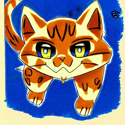 Image similar to an anime drawing of a tan cat with blue eyes and black feet, by ken sugimori in 1 9 9 8, for pokemon red and blue.