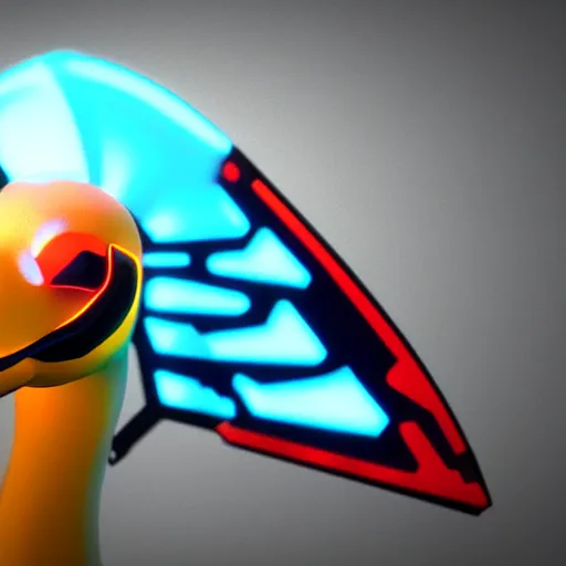 Image similar to a cybertronic duck, metallic, glowing, neon wings, sharp orange beak, unreal engine