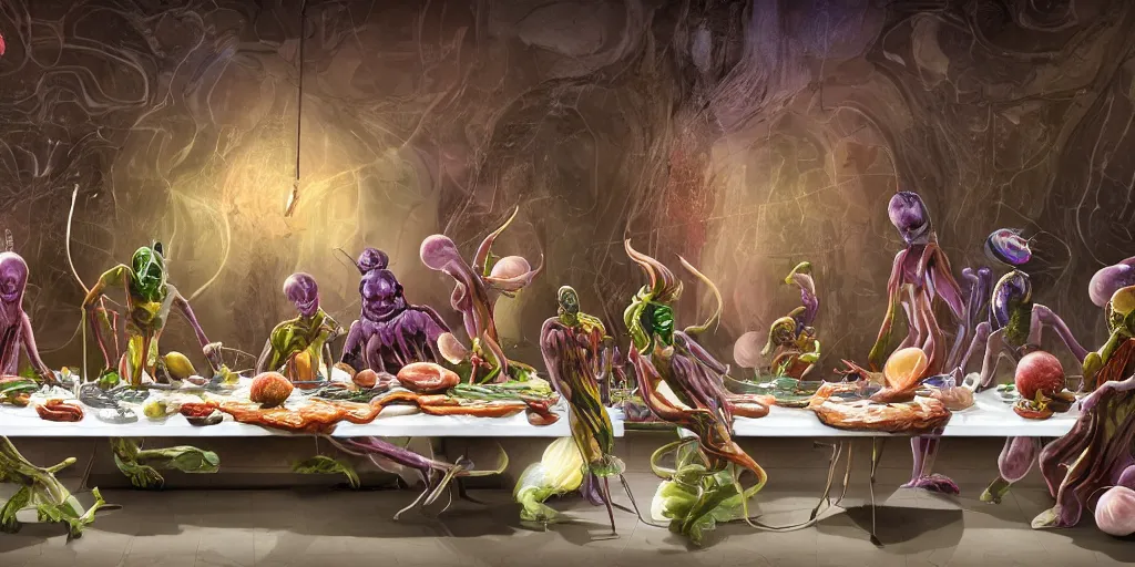 Prompt: !view from the kitchen, behind the chefs we see !13 diverse aliens enjoying a rich salad around a marble table, !positioned as last supper cinematic lighting, crystals and diamonds, fantasy, surreal, floating, highly detalied, 4k, artstation, by Wayne Barlowe