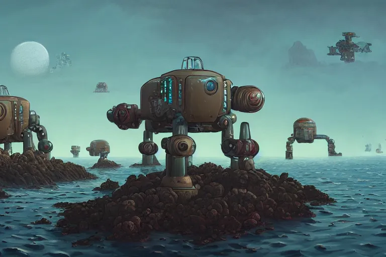 Prompt: terraforming mars, sea and grass positioned by huge alien robots by mark stevenson and simon stalenhag, digital painting, stylised, surreal, highly detailed 4 k