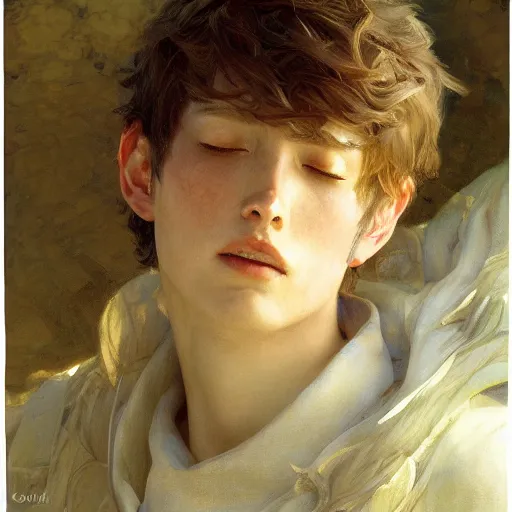 Prompt: detailed portrait of serene anime boy raphael, closed eyes, natural light, painting by gaston bussiere, craig mullins, j. c. leyendecker