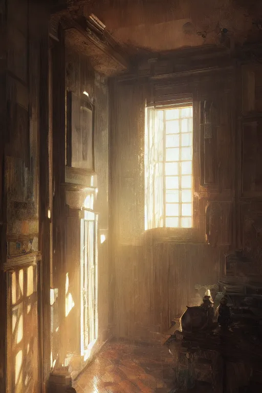 Image similar to inside an old house, intricate, elegant, volumetric lighting, scenery, digital painting, highly detailed, artstation, sharp focus, illustration, concept art,ruan jia, steve mccurry