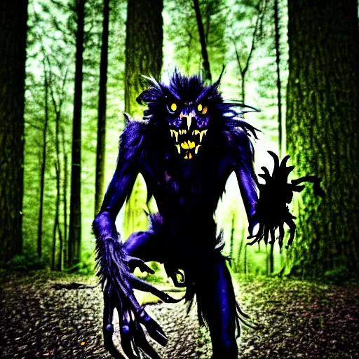 Image similar to werecreature consisting of a human and crow, photograph captured in a forest