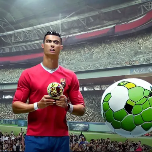 Image similar to a screenshot from the antiques roadshow, cristiano ronaldo with a priceless soccer ball, uhd, 8k,