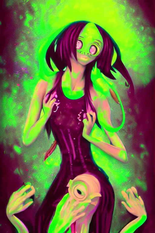 Image similar to glitchcore monstergirl | found footage | horror | cutecore praying mantis girl | painting | anime | glittercore | trending on Artstation