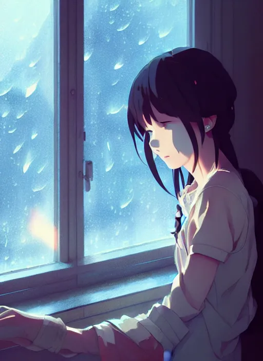 Prompt: girl near the window, rainy outside, illustration concept art anime key visual trending pixiv fanbox by wlop and greg rutkowski and makoto shinkai and studio ghibli