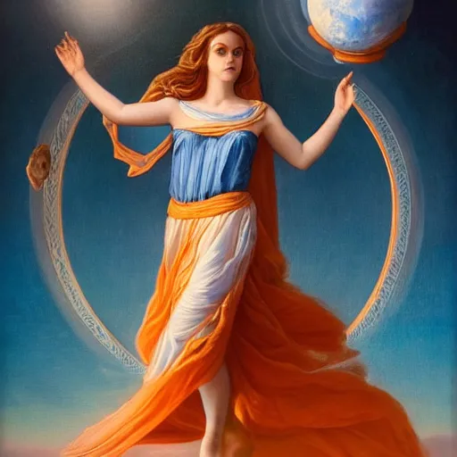 Image similar to full body portrait of beautiful goddess of mars theme inspired wearing blue and white carved details moving dress, she is floating in the air, planet mars in the background, open sky, mystical, orange fog, circle forms, iper realistic, cinematic light, paint on canvas, art by tom bagshaw - - height 7 0 4