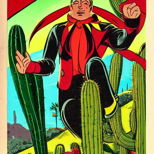 Prompt: Cactus-man, golden age comic book cover illustration