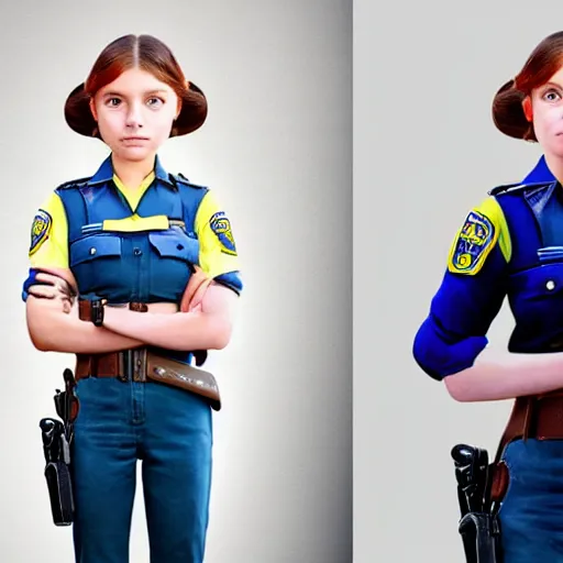 Prompt: a real human young policewoman, her photo inspired design of judy hopps, photographed by annie leibovitz