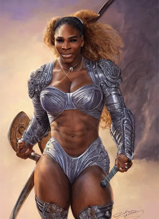 Image similar to serena williams as a ruggedly handsome hero holding an enormous large dual wielding sword, intricate, elegant, highly detailed, centered, digital painting, artstation, concept art, smooth, sharp focus, illustration, artgerm, donato giancola, Joseph Christian Leyendecker, WLOP, Boris Vallejo, Artgerm