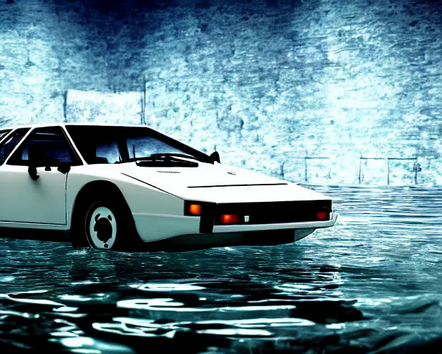 Image similar to white lotus esprit submerged under water, cinematic, photoreal, by red dead redemption 2