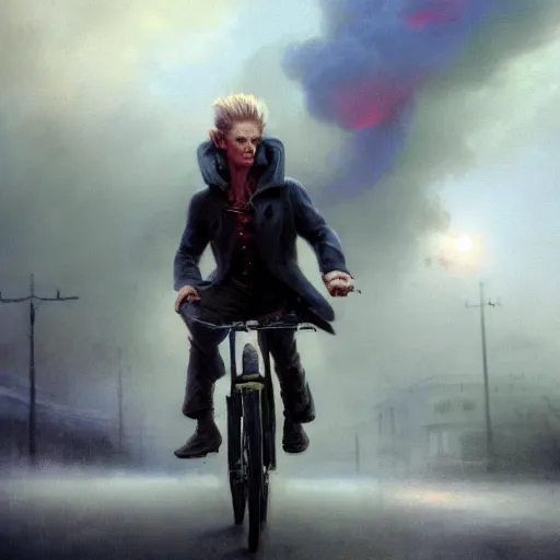 Image similar to cinematic shot epic portrait david bowie riding a bicycle in the streets, atmospheric, cloudy, broad light, ambient occlusion, volumetric light effect, made by ivan aivazovsky, peter mohrbacher, greg rutkowski, ross tran, matte painting, trending on artstation, 4 k, perfectly defined features, digital painting, cinematic, epic, highly detailed,