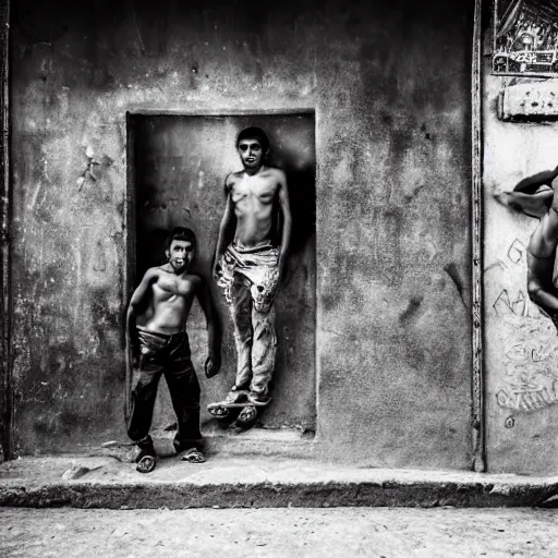 Prompt: stunning beautiful portrait photography of thieves in the favelas from national geographic award winning, dramatic lighting, taken with canon 5d mk4, sigma art lens