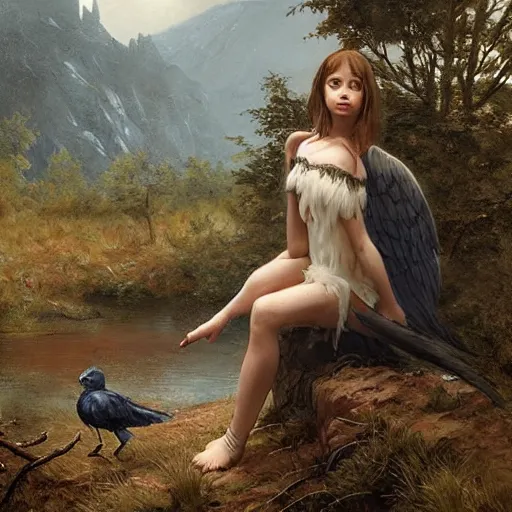 Prompt: Cute young Harpy with bird wings and legs, wearing medieval clothes, sad expression, sitting at a pond, mountainous area, trees in the background, oil painting, by Greg Rutkowski