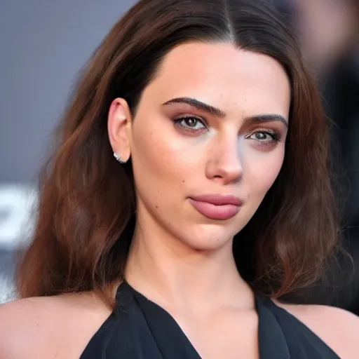 Image similar to a woman who is a genetic combination of kim kardashian and kat dennings and scarlett johansson and margot robbie and emma watson, face and upper - body focus, detailed eyes