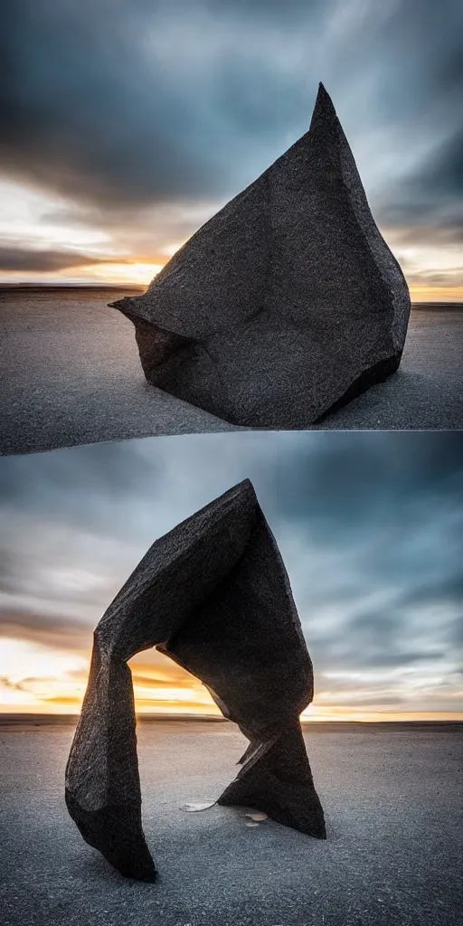 Image similar to futuristic angular architect giant golum monster made from deconstucted charcoal wood and mirrors, refracted, floating, portal, iceland landscape photography sunset, by lurie belegurschi and gunnar freyr