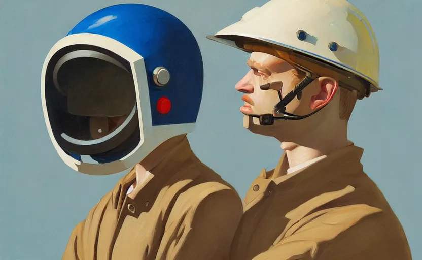 Prompt: Portrait of an engineer with helmet, very coherent, painted by Edward Hopper, painted by James Gilleard, airbrush, art by JamesJean