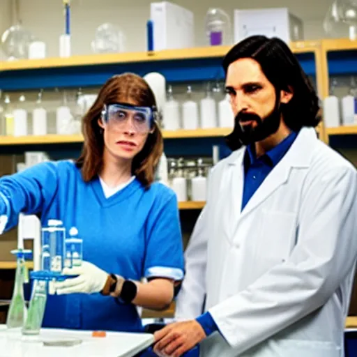 Prompt: a female professor and jesus in a university chemistry lab, running the expirment that proofs jesus transubstantiation