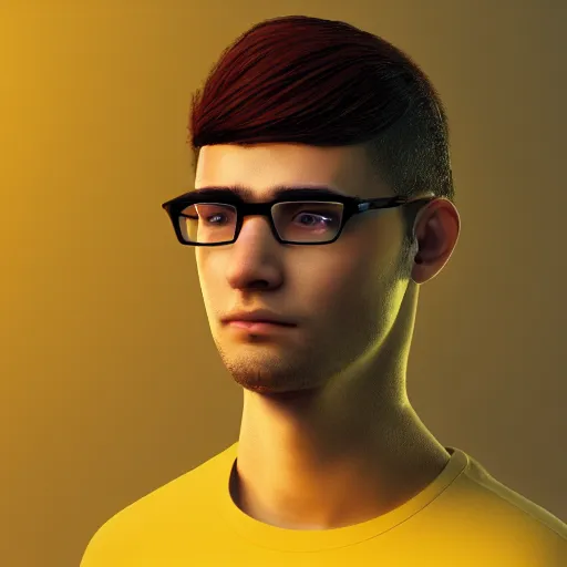 Image similar to close up portrait of young handsome it engineer in a yellow sweatshirt. cyberpunk, volumetric lighting, 4 k, hd, artstation, deviantart