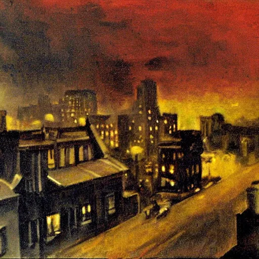 Image similar to full color painting of a balcony view of 1 9 2 5 boston with a broken sky, dark, brooding, night