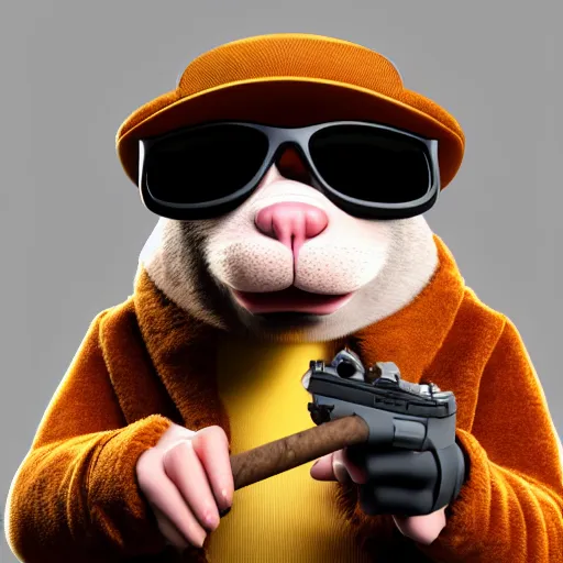 Prompt: anthropomorphic gangster rat smoking a huge cigar, holding a glock, wearing sunglasses and a cap, long fur, anthropomorphic rat, detailed, 3d render, 4k, pixar