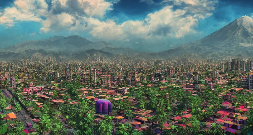 Image similar to City of Armenia Quindio, landscape, vaporwave style, trending on ArtStation, digital artwork, 4k, wallpaper, high definition