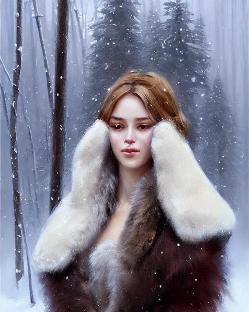 Image similar to a beautiful siberian girl with bear fur coat and neckline | | winter, realistic shaded, unpleasant face, bad looking, fine details, realistic shaded lighting poster by greg rutkowski, magali villeneuve, artgerm, jeremy lipkin and michael garmash and rob rey