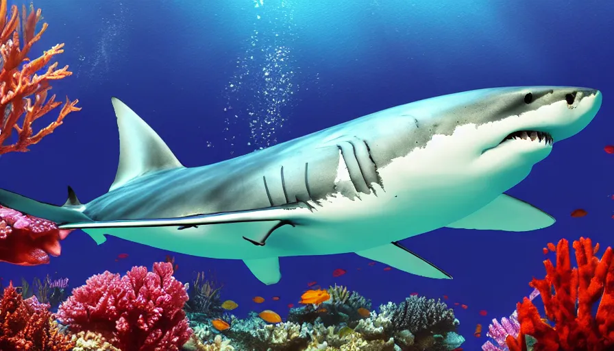 Image similar to a beautiful, noble, great white shark : 1, underwater scenery, beautiful colorful corals, remora and other sea creatures of the ocean - life, god - rays, volumetric lighting, 8 k, digital art