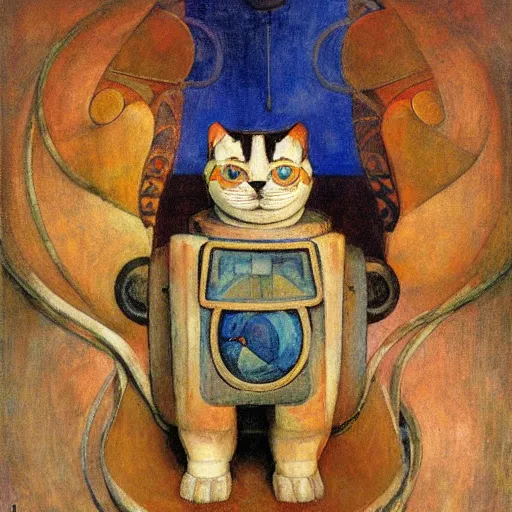 Prompt: mechanical robot cat, by annie swynnerton and diego rivera and nicholas roerich, symbolist, dramatic lighting, elaborate geometric ornament, art brut, soft cool colors, smooth, sharp focus, extremely detailed, adolf wolfli and ( donato giancola )