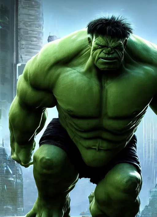 Image similar to cyberpunk scifi scene of a cybernetic modified hulk, cybernetic warrior in - plants, artstation, matt painting, very detailed, maximalism, ambient occlusion, volumetric light, atmospheric haze, unreal engine, hyper realism, realistic shading, cinematic composition, realistic render, octane render, detailed textures, photorealistic, wide shot