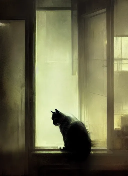 Prompt: a dramatic portrait of a cat inside a modern apartment, intricate concept art, ethereal, ominous, dramatic lighting, by jeremy mann and ruan jia