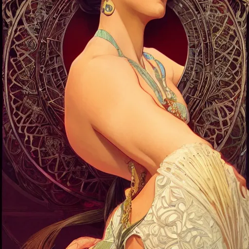 Prompt: character portrait of Mata Hari, relaxing mood, intricate, wild, highly detailed, digital painting, artstation, upper body, concept art, smooth, sharp focus, illustration, art by artgerm and greg rutkowski and alphonse mucha