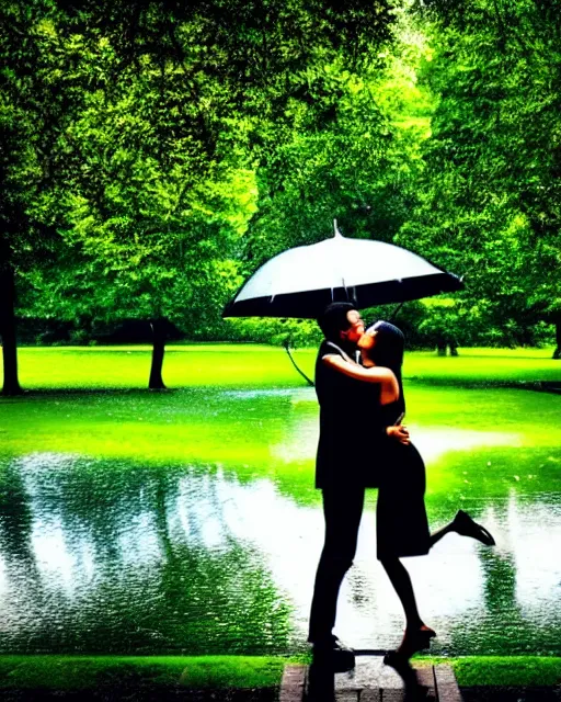 Image similar to raindrops, rain, square, park, lake, man and woman under a black umbrella, trees, kiss, paths, lake.