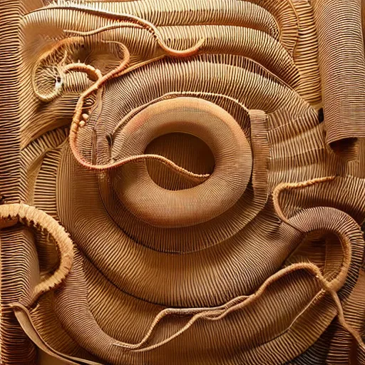 Image similar to tentacles made of brown corrugated cardboard, cut out of cardboard, realistic photography, fantasy