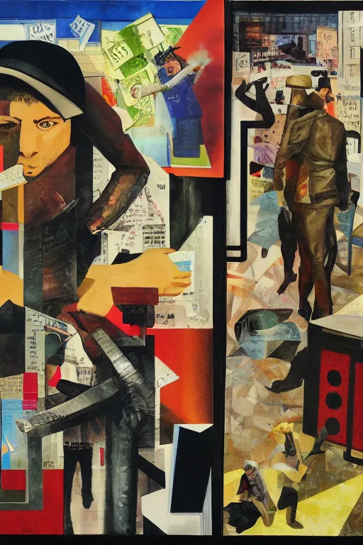 Prompt: bank robbery, collage, acrylic on canvas, expressionism movement, breathtaking detailed, by blake neubert