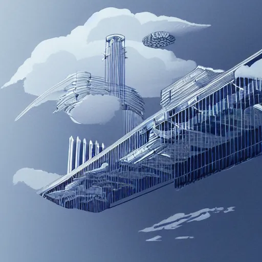 Image similar to cross-section perspective of architecture blueprint of floating building, anchored to clouds, bridges connecting clouds, ethereal, amazing. cinematic digital illustration, in style of Moebius